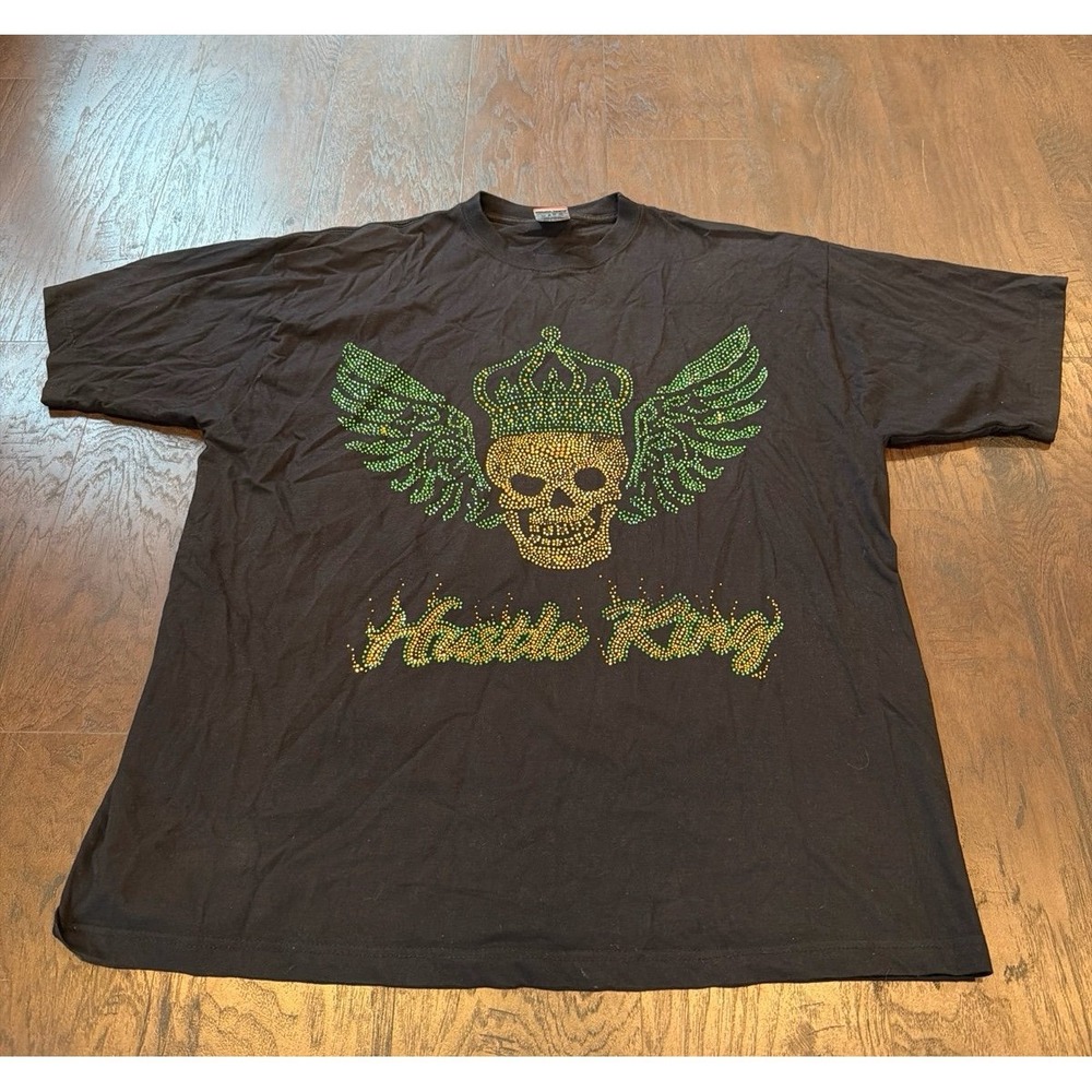 Hustle King Rhinestone Skull Wing Graphic T Shirt 3XL‎ Black Y2K